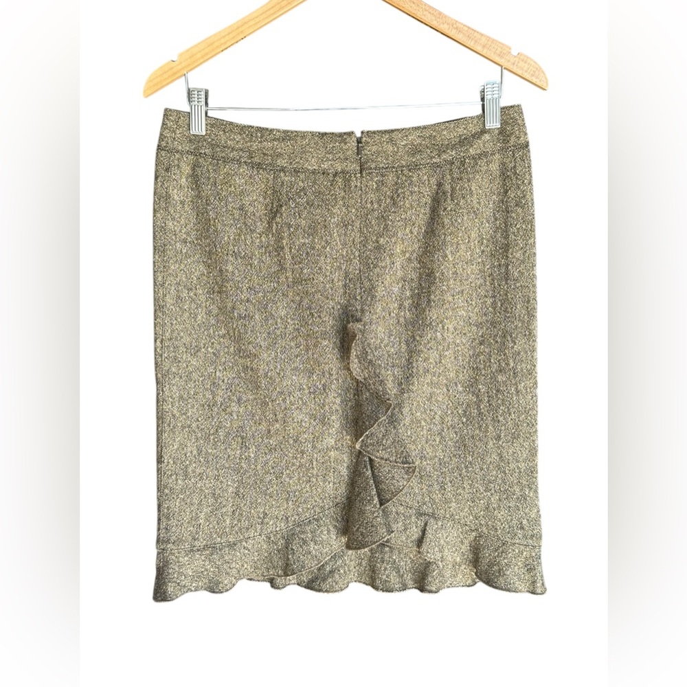 Club Monaco Brown Wool Blend Tweed Pencil Skirt Ruffle Hem Size 6